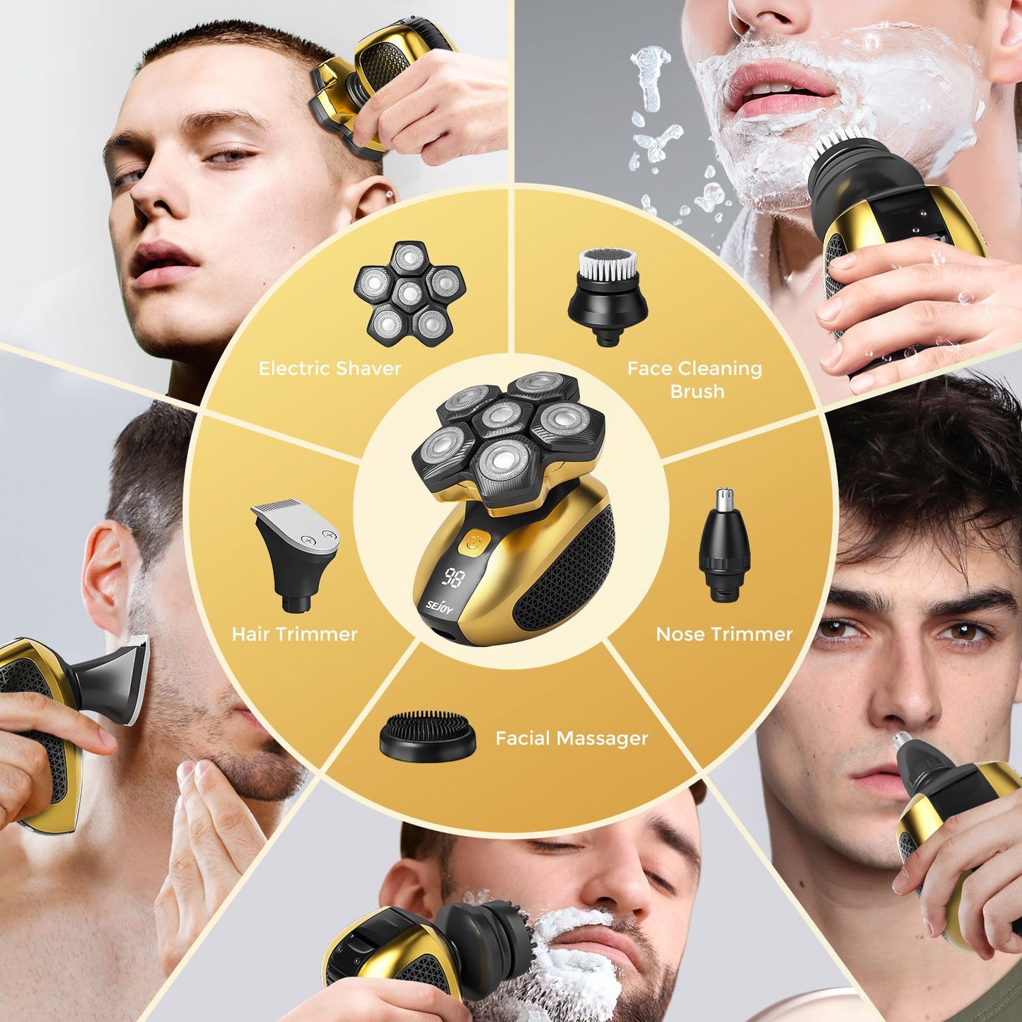 Sejoy Men 6D Floating Men Electric Shaver Wet Dry Beard Hair Trimmer Electric Razor Rechargeable Bald Head Shaving Machine