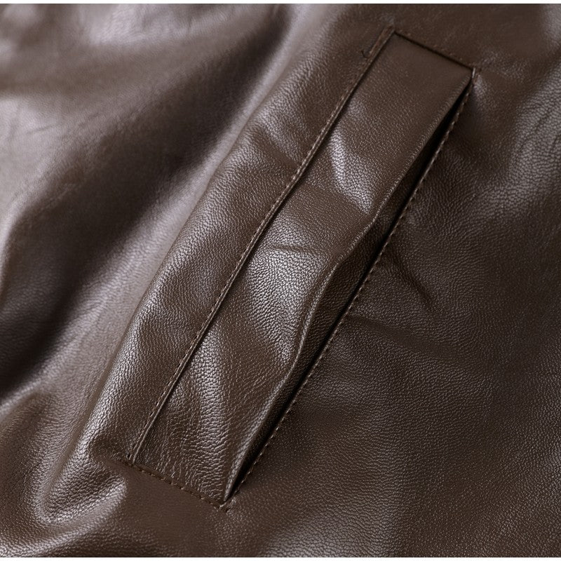 Street Stand Collar Women's Leather Jacket Loose Long Sleeve Zipper Pockets Chic Female Coats 2025 Autumn Winter Lady Outerwear