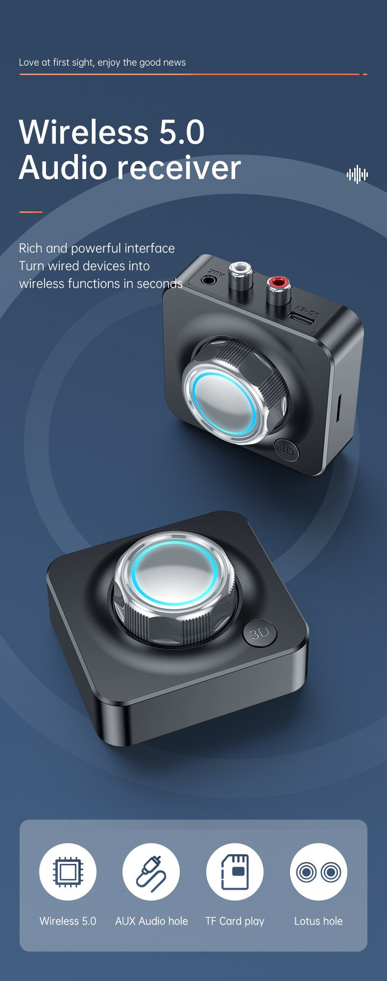 Receptor de Áudio Bluetooth 5.0 Adaptador Sem Fio de Música Estéreo 3D Cartão TF RCA 3.5mm Jack P2 para Carro Alto-Falante Amplificador Fone de Ouvido