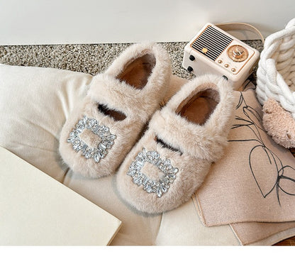 2025 Autumn Winter Children Warm Fur Shoes Fashion Rhinestone Moccasins Flats Outwear Girls Shoes Khaki, Beige, White