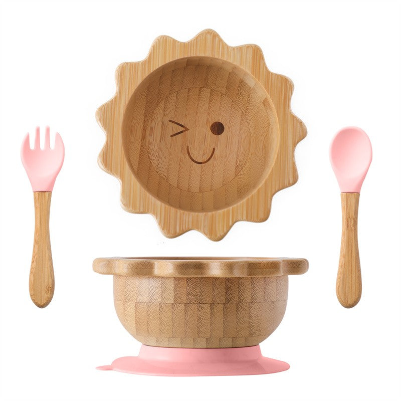 Baby Wooden Tableware Set Could Bamboo Wooden Plate Bowl Silicone Suction Wooden Handle Fork Spoon for Children Feeding Supplies