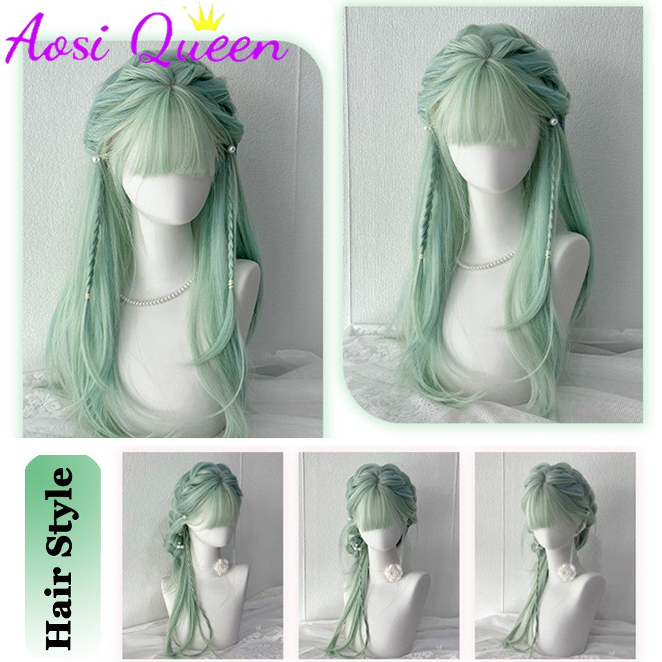 AOSI Synthetic Mint Green Wig Long Hair Summer Thin Bangs Long Straight Hhair Daily Party Cos Wig