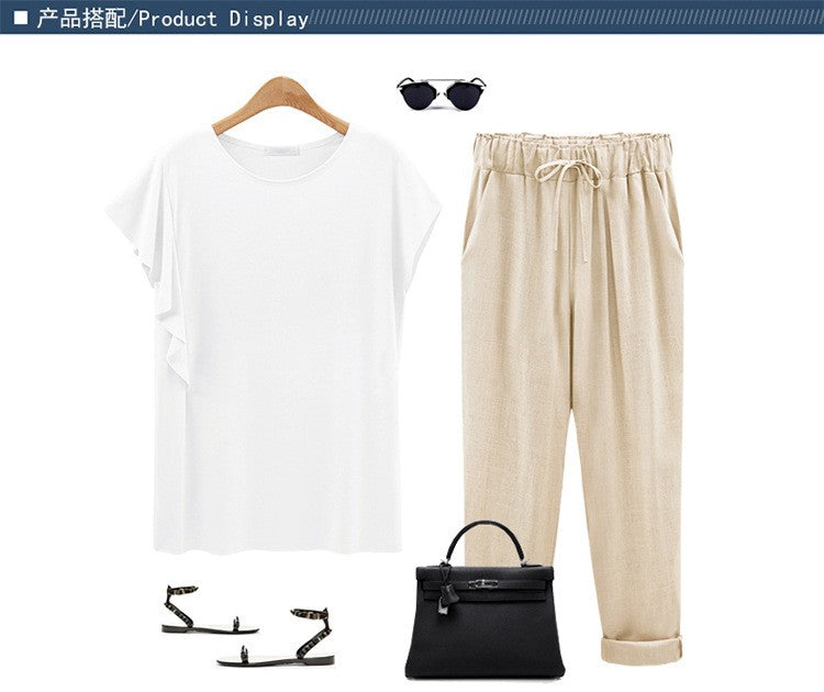 Cotton Linen Pants, Elastic Mid Waist Ankle Length Pant, Casual Women Loose Spring Pants, Female Slacks Size M-5XL 6XL 7XL 8XL