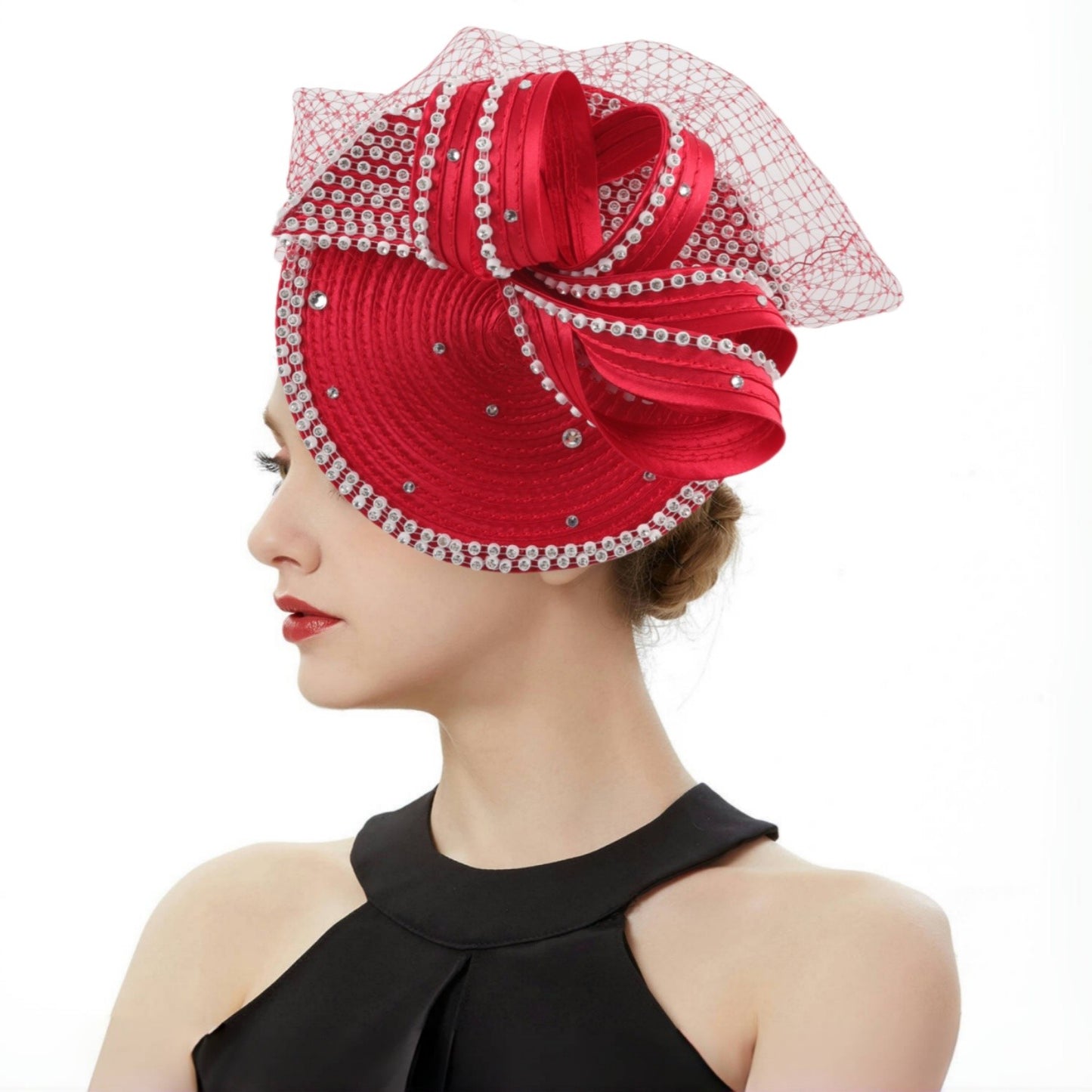 Fascinator de Cetim Perfeito Acessórios de Cabelo Chiques Multicores Chapéus para Kentucky Derby Chapéu para Chá da Tarde Touca de Strass com Véu