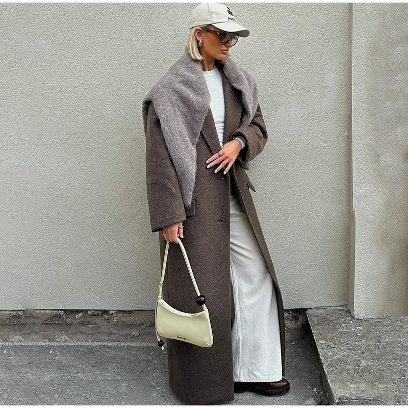 Women Shoulder Pad Wool Long Coats Fashion Lapel Single-breasted Long Sleeve Coat Chic 2025 Autumn Lady Commute Street Outerwear