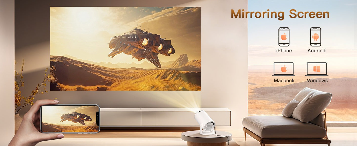 Projetor Inteligente com Wifi e Bluetooth Portátil Suporte 720P 4K, Correção Trapezoidal Automática, Controle Remoto AirMouse, Rotação 180 Graus