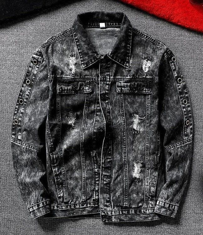 Jeans Coat for Men Hip Hop with Print Ripped Button Black Hole Denim Jackets Man Size L Large Lxury Worn Cowgirl Fast Delvery G