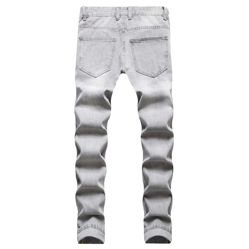 Mens Jeans Large-size Straight Light Gray Denim Trousers Spring and Autumn Full Length Male Pants Ripped Jeans