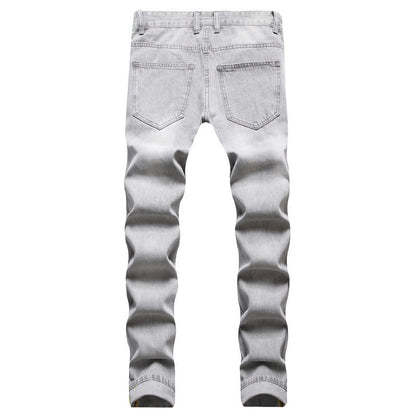 Mens Jeans Large-size Straight Light Gray Denim Trousers Spring and Autumn Full Length Male Pants Ripped Jeans