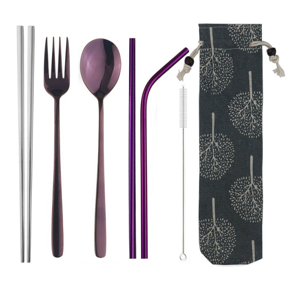 Conjunto de Talheres Portátil de Viagem JANKNG em Aço Inoxidável 304 com Garfo, Colher, Hashi, Canudo, Talheres Arco-Íris com Bolsa