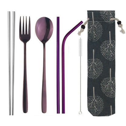 Conjunto de Talheres Portátil de Viagem JANKNG em Aço Inoxidável 304 com Garfo, Colher, Hashi, Canudo, Talheres Arco-Íris com Bolsa