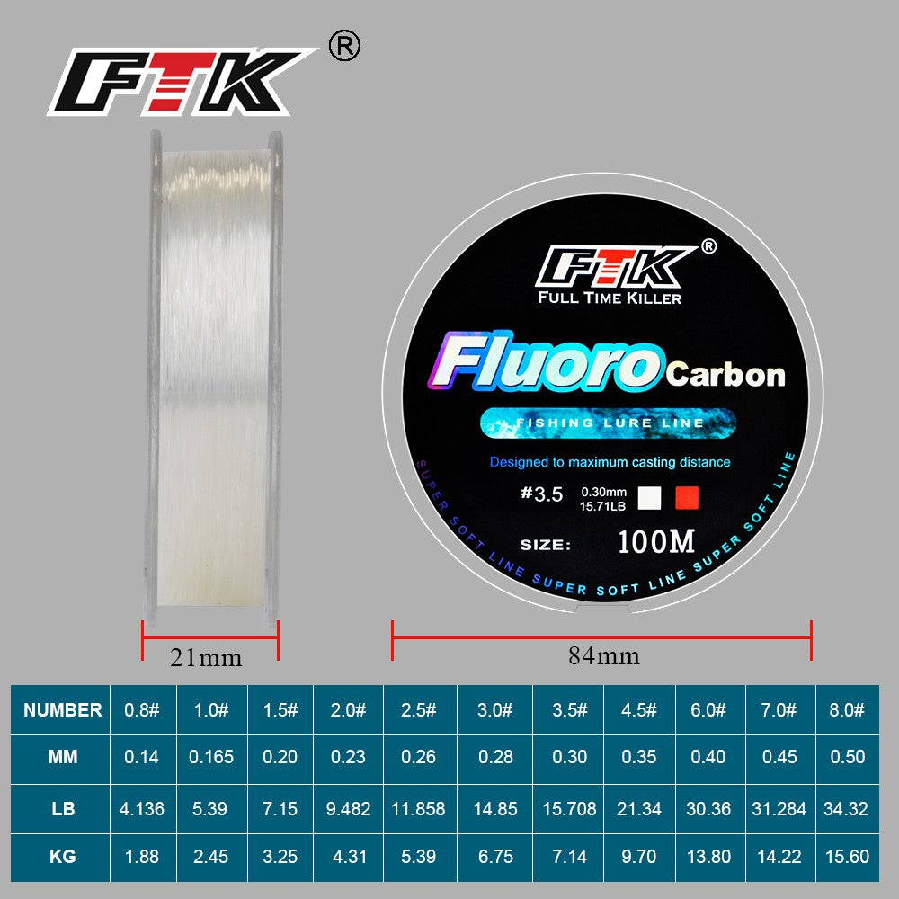 Linha de pesca FTK 100m 4.13-34.32LB Fluorcarbono Linha de Pesca de Iscas de Fibra de Carbono Leader Linha de Pesca com Mosca Linha Super Macia Pesca