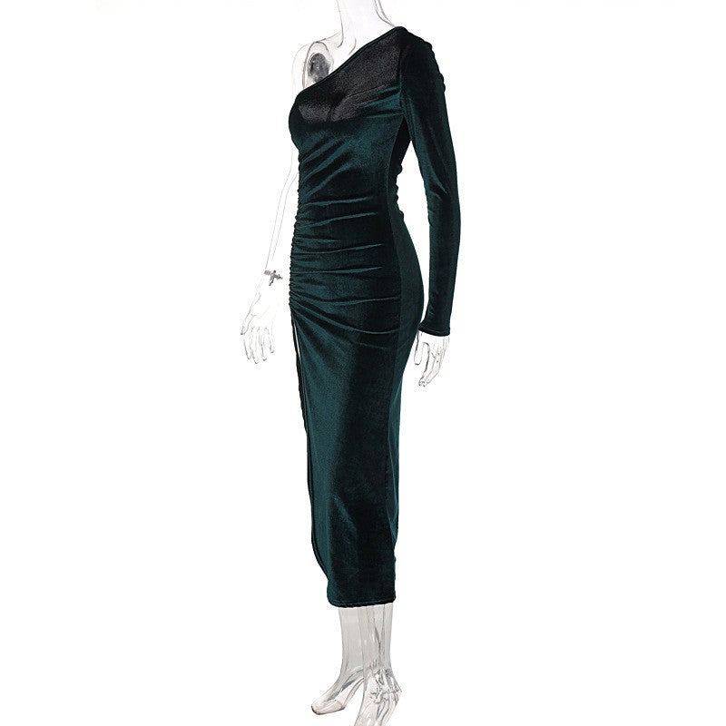 Women Elegant Long Sleeve Party Evening Velvet Bodycon Split Pencil Midi Dress S