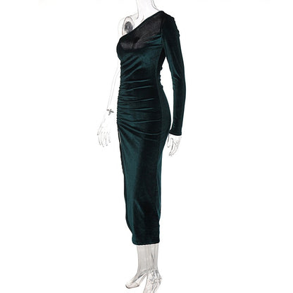 Women Elegant Long Sleeve Party Evening Velvet Bodycon Split Pencil Midi Dress S