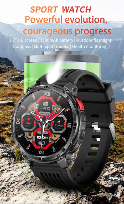 Relógio Inteligente Militar com Bússola GPS Masculino Bateria 1100mAh Lanterna Frequência Cardíaca 100+ Modos Esportivos Chamada Bluetooth Smartwatch à Prova d'Água