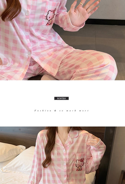 Hello Kitty and Plaid Pajama Set for Women Winter Checked Sleepwear Long Sleeve Home Outfit Autumn Loungewear Korean Fashion