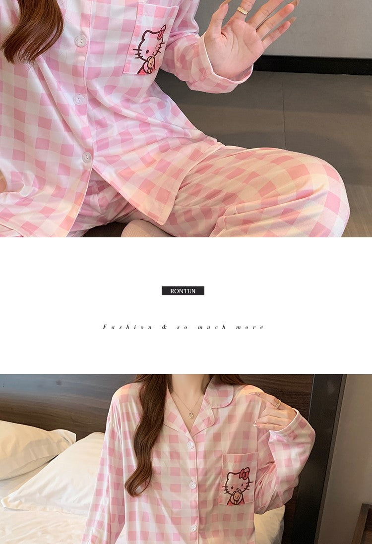 Hello Kitty and Plaid Pajama Set for Women Winter Checked Sleepwear Long Sleeve Home Outfit Autumn Loungewear Korean Fashion