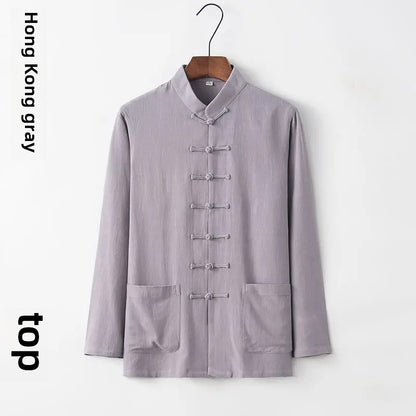 Spring Summer Long Sleeve Thin Men's Shirt Tang Suit Bamboo Cotton Linen Casual Vintage Chinese Style Kung Fu Tai Chi Tea Shirt