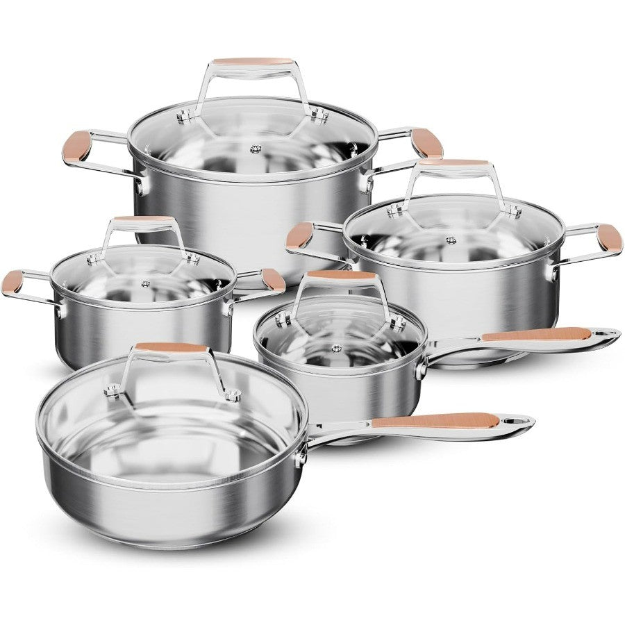 Conjunto de Panelas de Aço Inoxidável 5 Camadas com 10 Peças Incluindo Frigideira, Panela e Caçarolas para Indução e Todos os Fogões, Não-Aderente