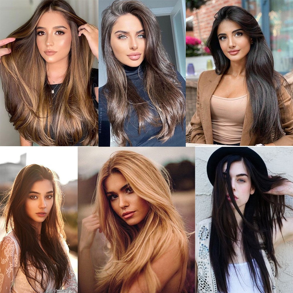 LANSA 7Clips Aplique de Cabelo Sintético Liso Comprido de Encaixe Extensões de Cabelo de Encaixe Cheveux Clipe Fibra Natural de Alta Temperatura Preto Marrom Peça de Cabelo