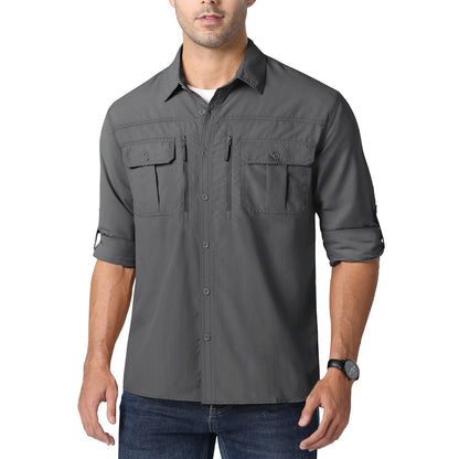 MAGCOMSEN UPF 50+ Mens Quick Dry Cargo Shirts Mesh Breathable Long Sleeve Work Shirts UV block Outdoor Hiking Fishing Shirts