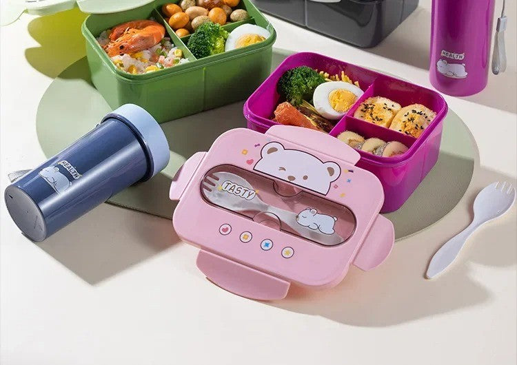 Conjunto de Copo Lancheira Infantil de Plástico Portátil 1200ML com Garfo e Lancheira Infantil com Copo de Água, Recipiente para Armazenamento de Alimentos