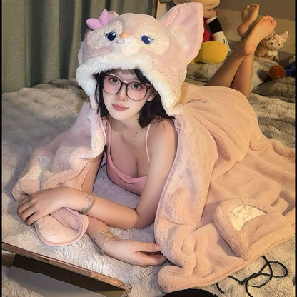 2025 Disney Lina Bell Cobertor com Capuz Desenho Animado Anime Manta Engrossada de Flanela para Dormir, Soneca, Uso Interno, Quente, Costurada, Presentes para Meninas