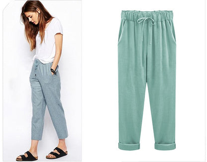 Cotton Linen Pants, Elastic Mid Waist Ankle Length Pant, Casual Women Loose Spring Pants, Female Slacks Size M-5XL 6XL 7XL 8XL