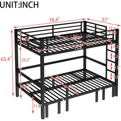 Over Full Bunk Bed with Guardrails, Convertible Metal Loft Bed with Sofa & Lower Bed, Full Size Bunk Beds Pull-Out