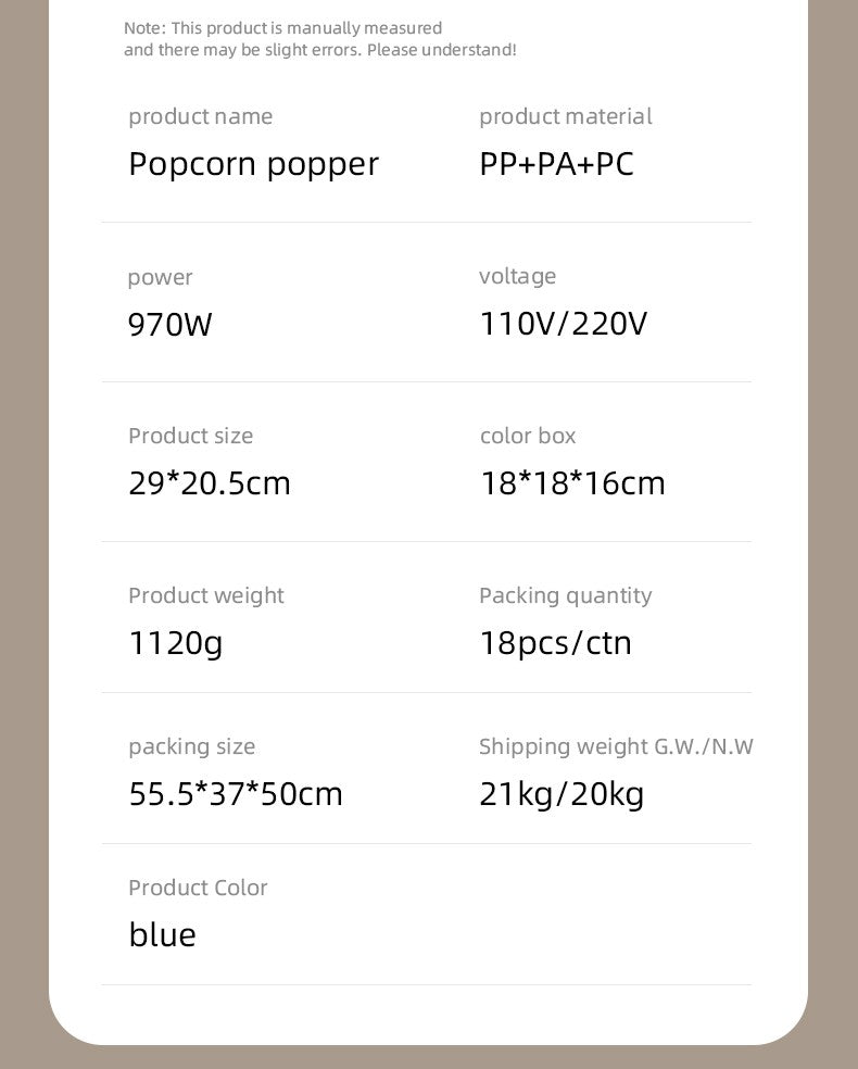 Popcorn Machine Household Healthy Hot Air Oil Free Corn Popcorn Maker For Kitchen Kids Home-made Popcorn Movie Snack 110V/220V