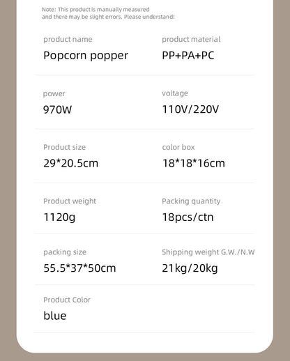 Popcorn Machine Household Healthy Hot Air Oil Free Corn Popcorn Maker For Kitchen Kids Home-made Popcorn Movie Snack 110V/220V