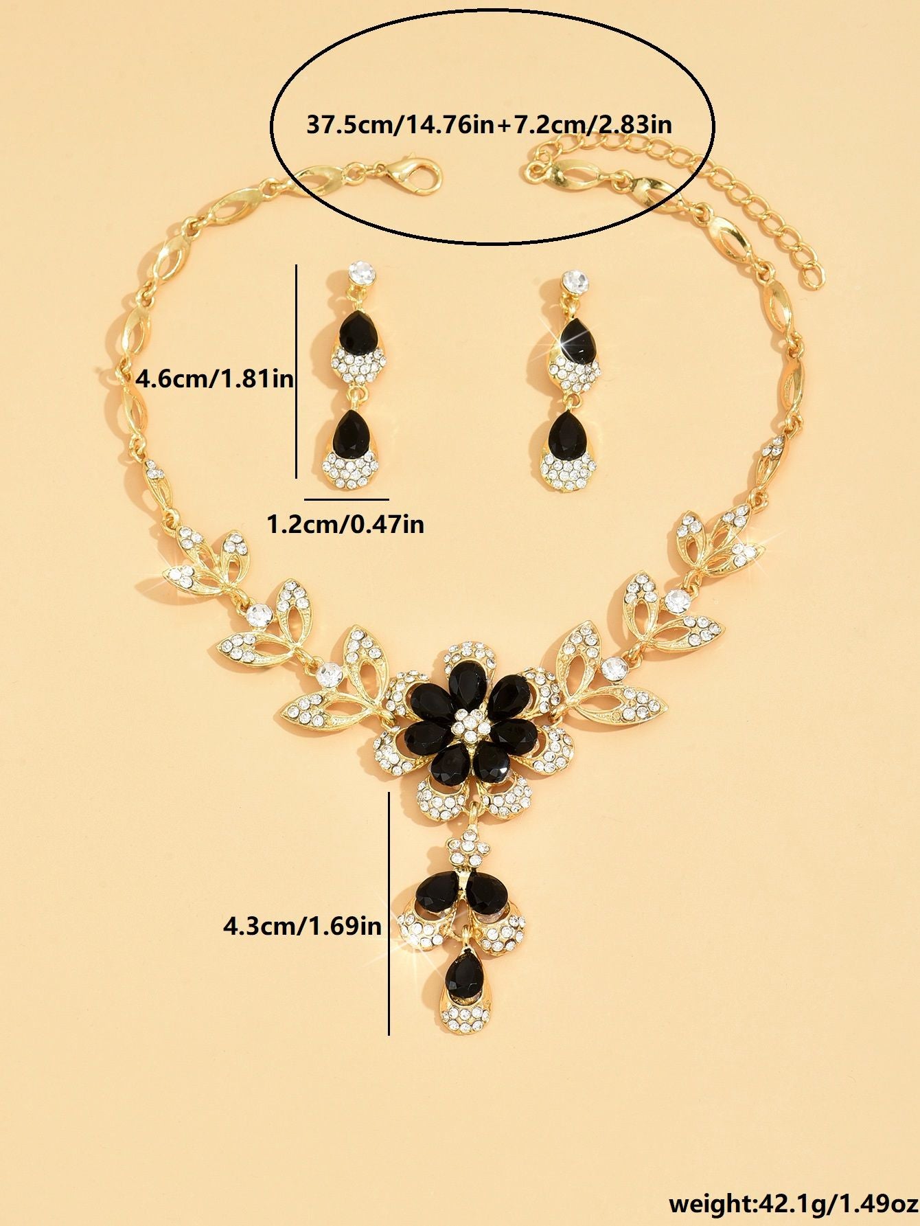 Conjunto de Joias Femininas 3 Peças com Colar e Brincos de Flor Preta Dourada para Casamento, Banquete, Festa, Presente