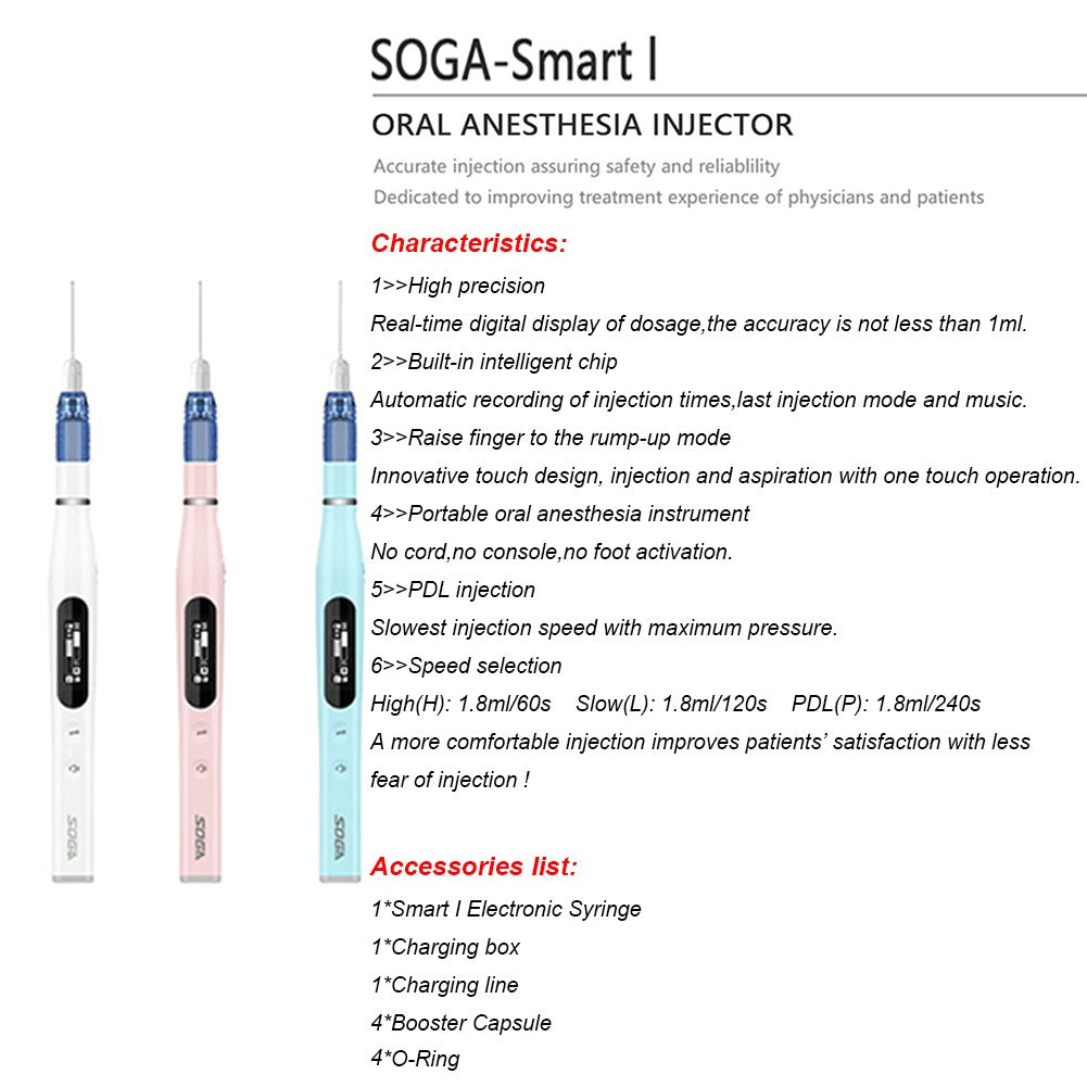 Seringa Aspiradora de Anestesia Tópica Oral Elétrica Indolor Injetor de Anestesia SOGA Mini I Smart 2 Acessórios Odontológicos