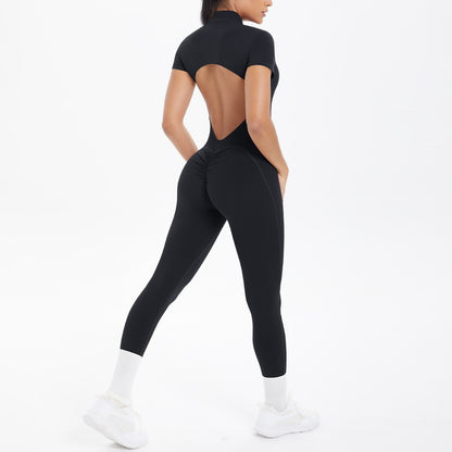 New Women's Yoga Jumpsuit Front Zipper Tight Back Hollow Out Short Sleeve-pants Activewear for Fitness Running Gym Workout