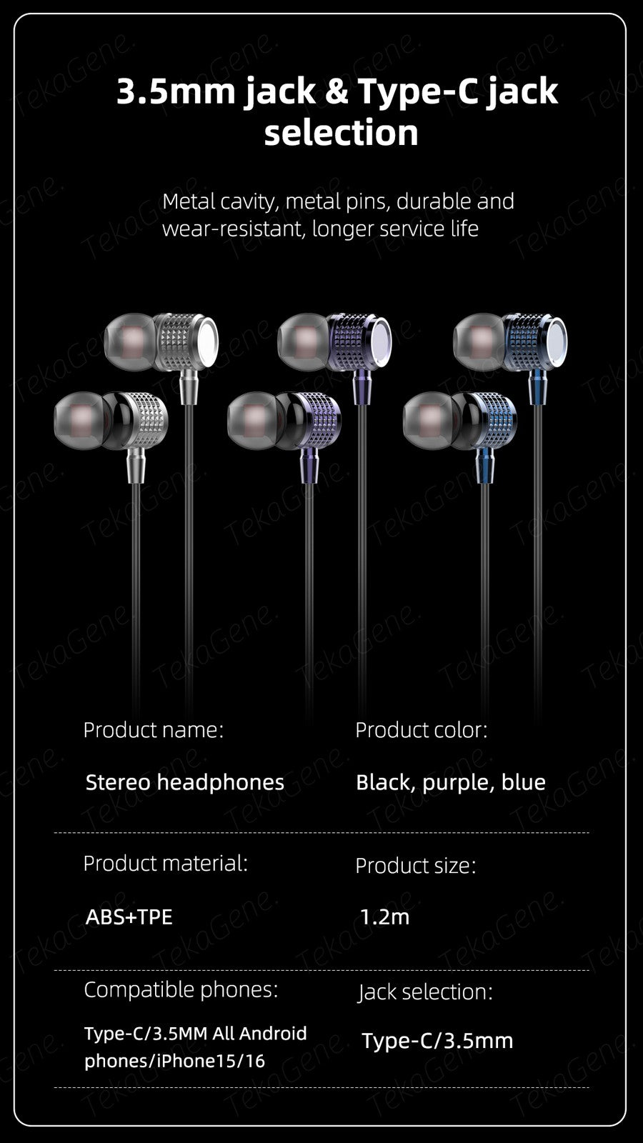 USB Type C Earbuds Metal Heavy Bass Earphones In Ear Noise Reduction 3.5mm Wired Headphones with Mic for Samsung Galaxy iPhone