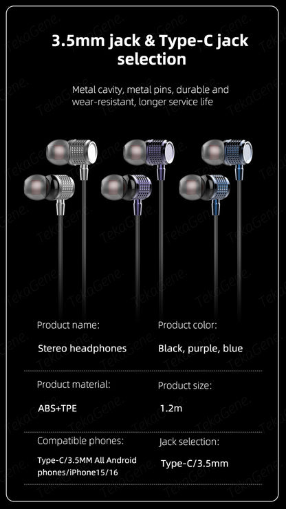 USB Type C Earbuds Metal Heavy Bass Earphones In Ear Noise Reduction 3.5mm Wired Headphones with Mic for Samsung Galaxy iPhone