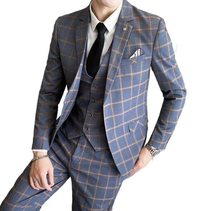 Suit (blazer+vest+pants) Man Fashion Business British Grid Trend Style Casual Hosting Slim Wedding Work Conjunto Hombre