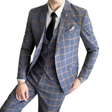Suit (blazer+vest+pants) Man Fashion Business British Grid Trend Style Casual Hosting Slim Wedding Work Conjunto Hombre