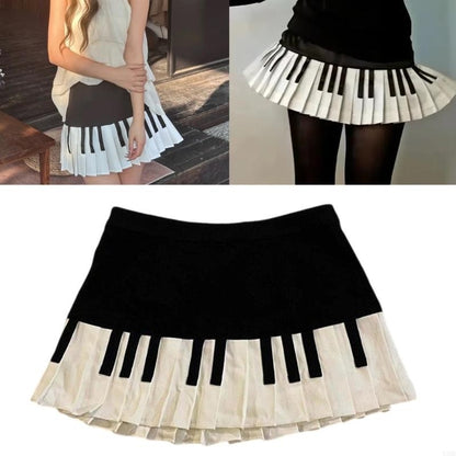 Y3NE Women Schoolgirl High Waist Pleated Flared Vintage Piano Print A Line Mini Skirt