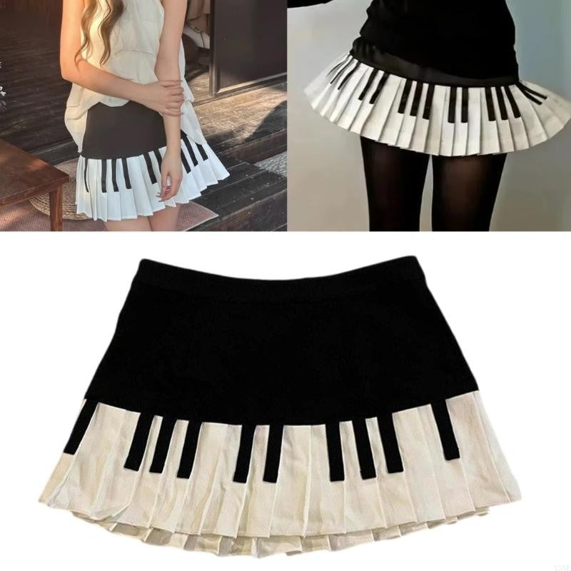 Y3NE Women Schoolgirl High Waist Pleated Flared Vintage Piano Print A Line Mini Skirt