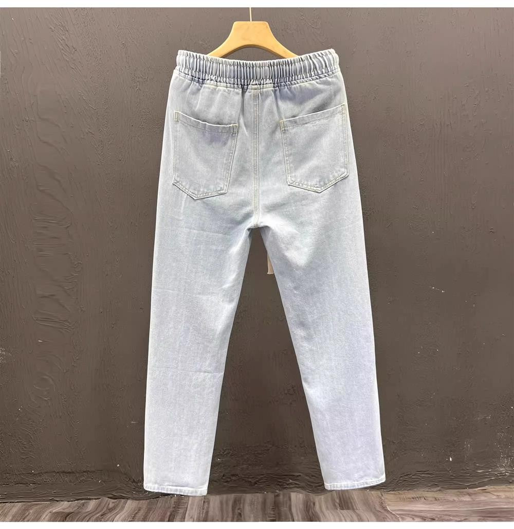 Men's Loose Fit Work Jeans Durable Construction Workers Casual Straight Leg Blue Denim Trousers for Spring Summer Autumn
