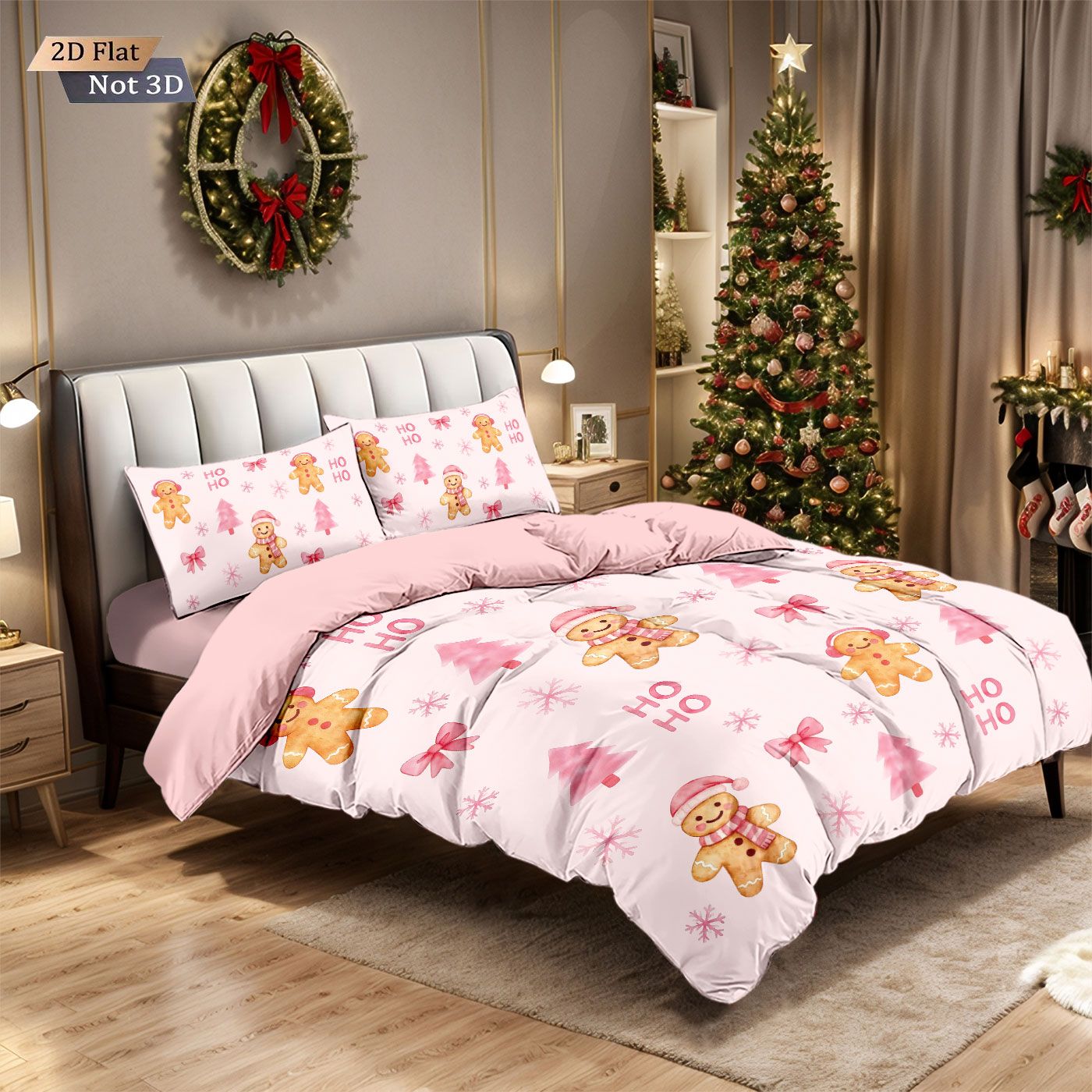 3pcs pink Merry Christmas gingerbread printed coreless bedding set multi size bedroom bedding holiday decoration comfortable