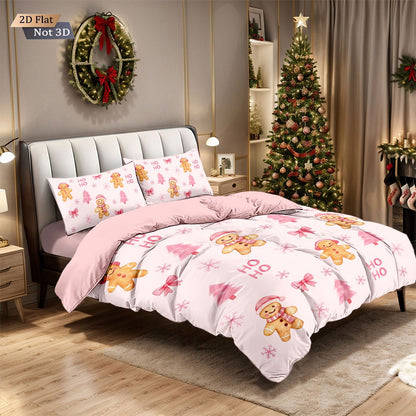 3pcs pink Merry Christmas gingerbread printed coreless bedding set multi size bedroom bedding holiday decoration comfortable