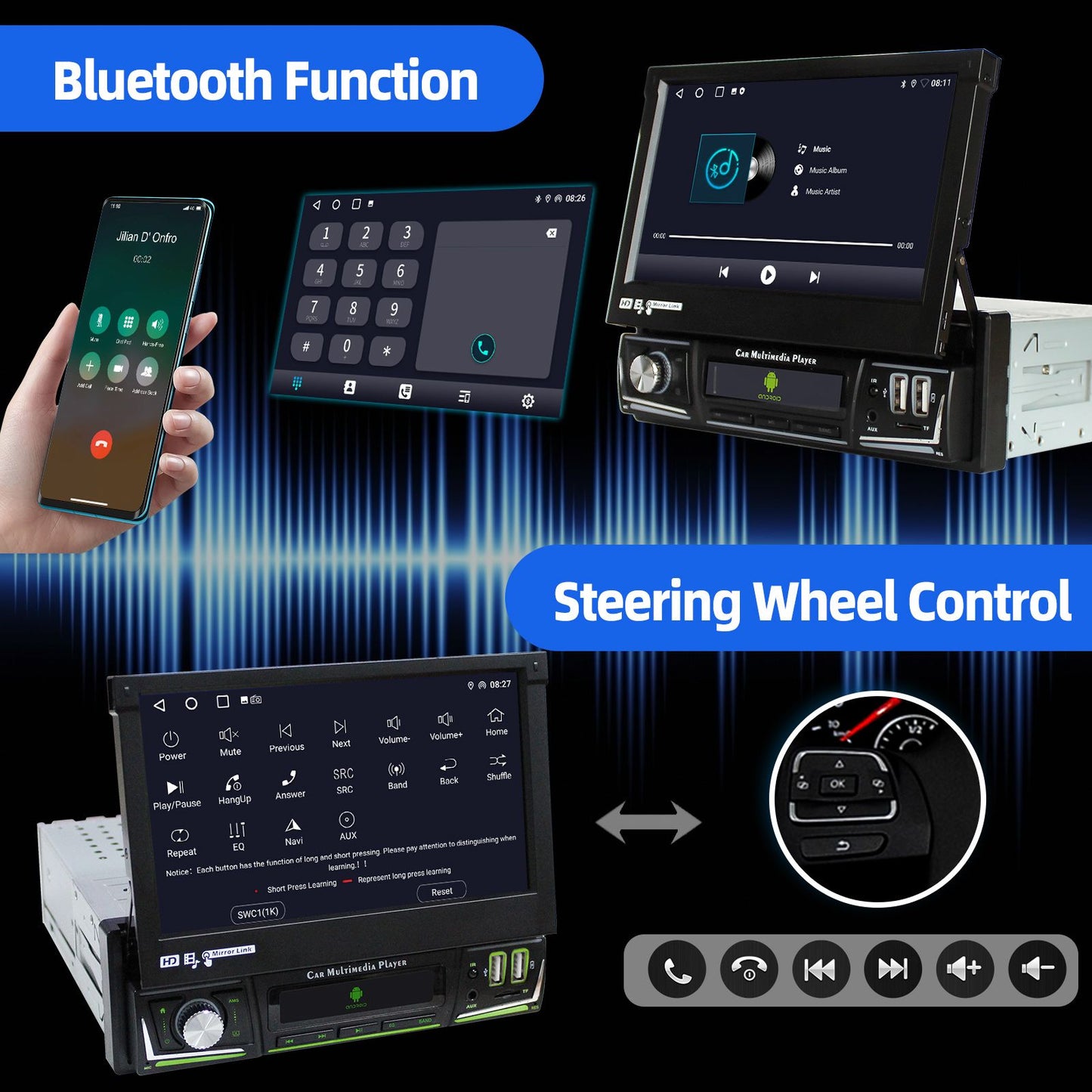 ESSGOO 1 DIN 7 Polegadas Flip Out Tela Touchscreen 4+64G Android 14 Rádio Estéreo Automotivo Apple Carplay GPS Navi Wifi FM RDS Bluetooth USB EQ