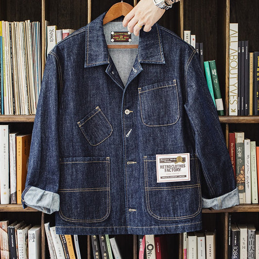 Maden Vintage Asymmetrical Four-pocket Design Denim Coat for Men 14OZ Single-breasted Turn-down Collar Jacket Autumn Work Coat