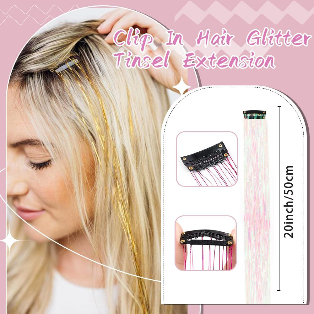 Pacote de 12 Unidades de Cabelo Extensor com Presilha, Tinsel Colorido com Brilho, Extensões de Cabelo de Fada, Acessório Cintilante para Festa de Mulheres, Meninas e Crianças
