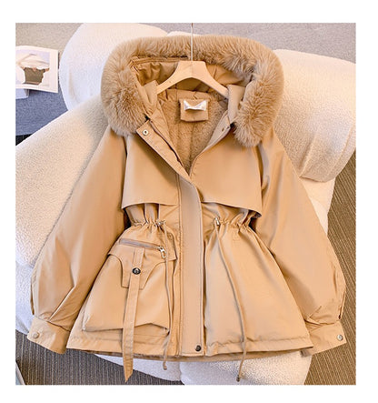New Women's Cotton-Padded Plush Warm Coat 2024 Autumn Winter Parkas Coat Women's Long Sleeve Zipper Hooded Drawstring Parkas