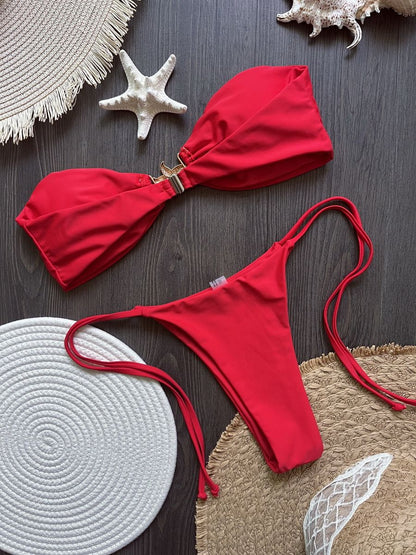 Para Praia 2025 Sexy Push Up Bikini Women Swimwear Metal Starfish Bandeau Thong Bikini Brazilian Swimsuit Female Bathing Suit