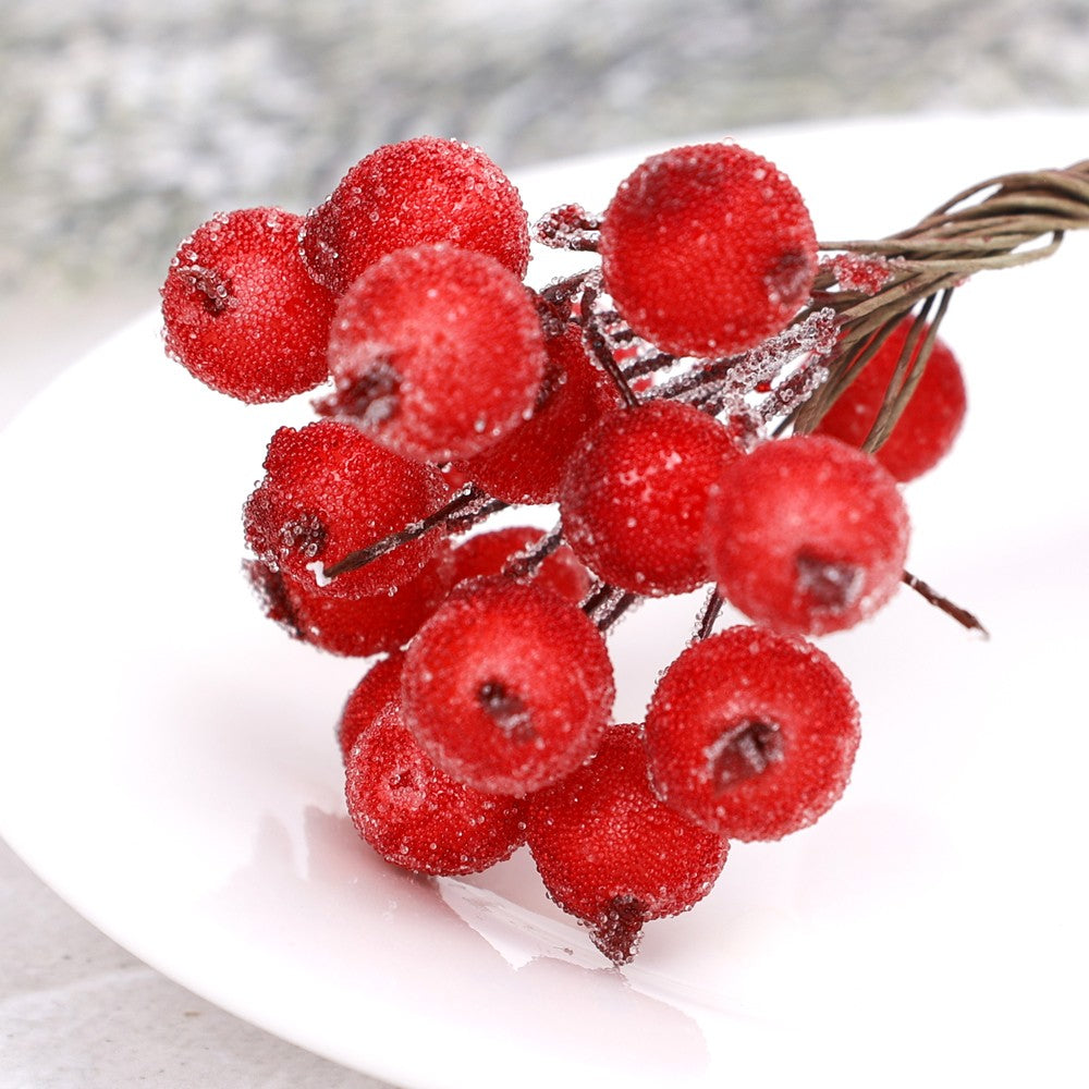Wholesale Artificial Frosted Berry Mini Double Head Christmas Holly Red Gold Silver Berries Flowers Wreath Xmas Party Decoration