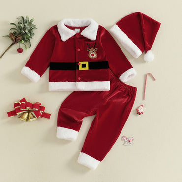 Christmas Infant Baby Girl Boy Velvet Clothes Toddler Long Sleeve Lapel Button Down Tops Elastic Waist Pants Santa Costume Set